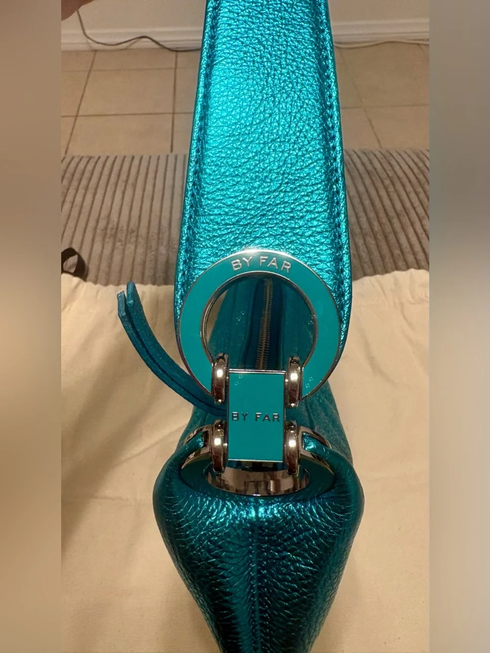 BY FAR Mini Amira Aqua Metallic Leather Shoulder Bag